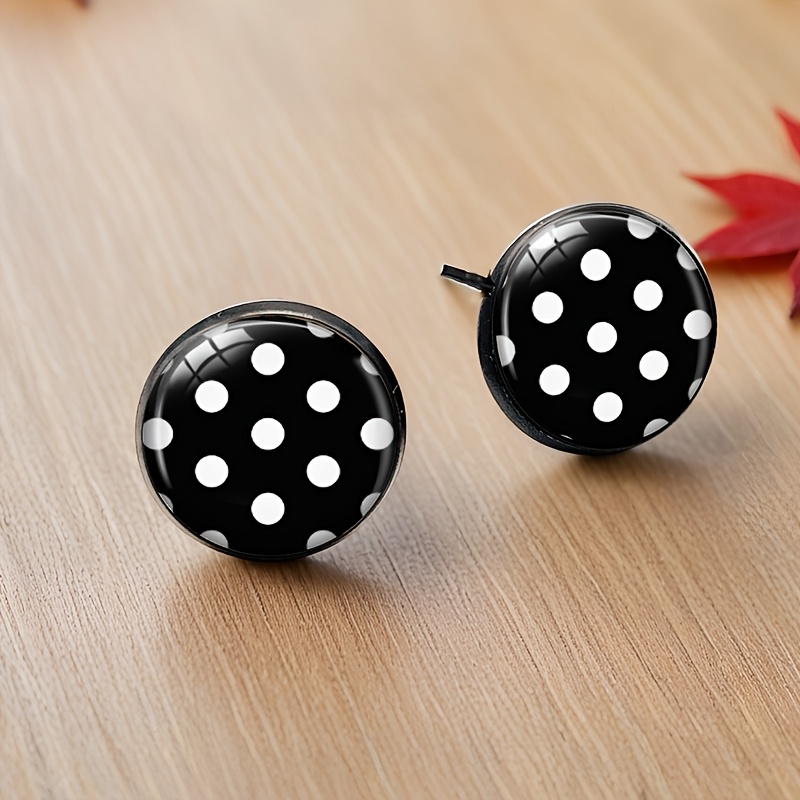 Women's Black & White Polka Dot Round Glass Cabochon Stud Earrings